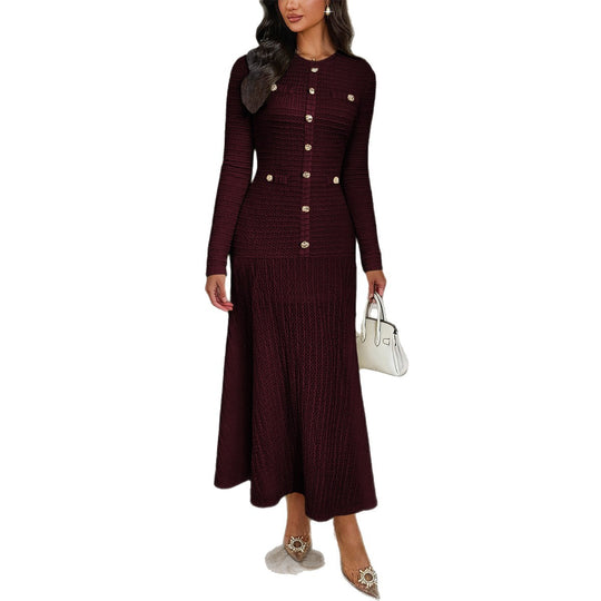 Damen nan tailliertes Maxi-Strickkleid mit durchgehender Knopfleiste und dekorativen Zierknöpfen EB
