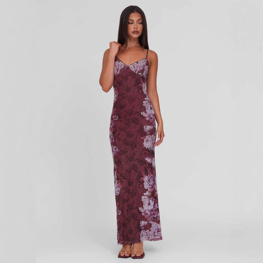 Damen nan eng anliegendes Jersey-Slipkleid mit V-Ausschnitt, Spaghettiträgern und Blumen-Leo-Print EB