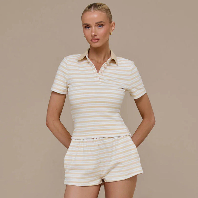 Damen gestreiftes Schlafset mit Poloshirt und Shorts EB