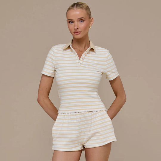 Damen gestreiftes Schlafset mit Poloshirt und Shorts EB