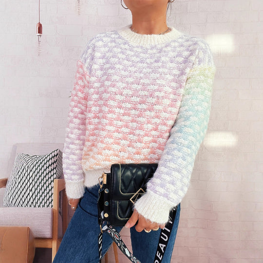 Damen Modischer Strickpullover mit Karo-Muster EB
