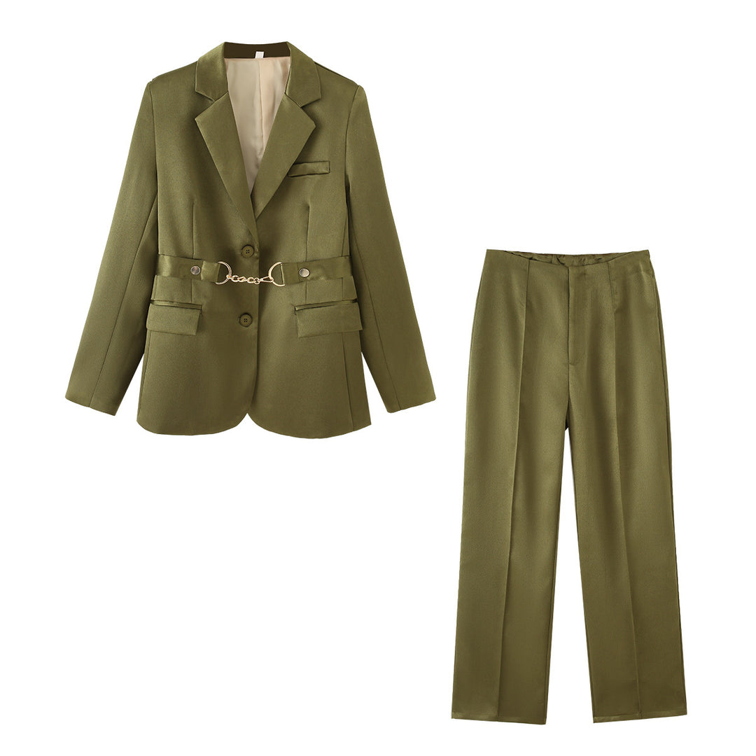 Damen elegantes Satin-Blazer-Set mit Kettenakzent EB