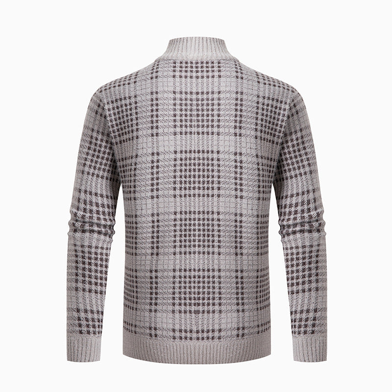 Herren modische Strickjacke mit modernem Karomuster und hohem Kragen EB