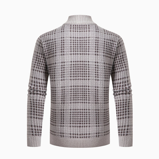 Herren modische Strickjacke mit modernem Karomuster und hohem Kragen EB
