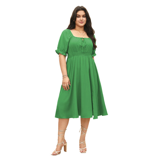 Damen Midi-Kleid mit Puffärmeln und elastischem Taillenbund EB