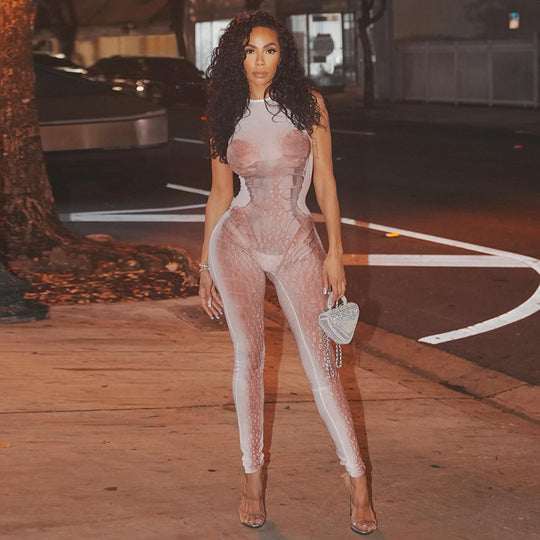 Damen Eleganter und figurbetonter Jumpsuit mit transparenten Einsätzen EB