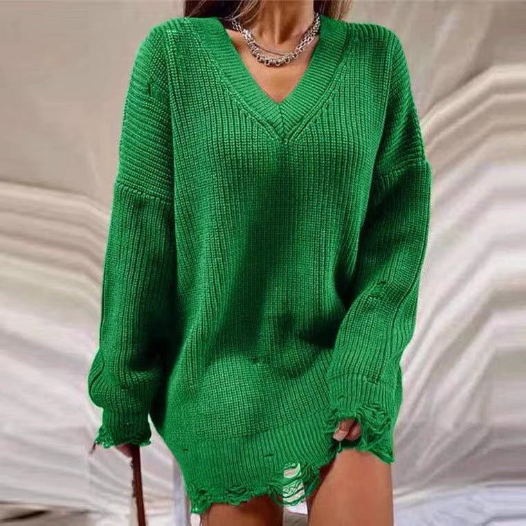 Damen Lässiger Pullover im Oversized-Stil mit V-Ausschnitt und lässigen Fransen EB