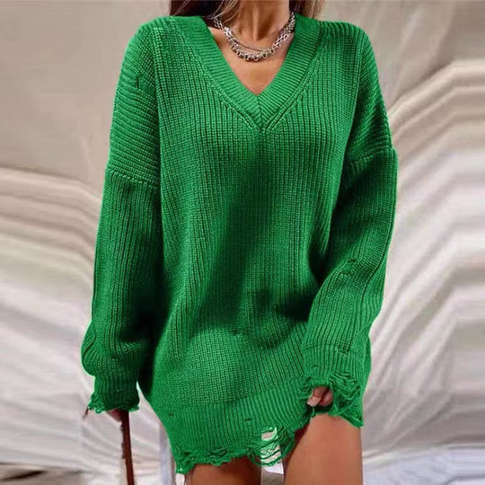 Damen Lässiger Pullover im Oversized-Stil mit V-Ausschnitt und lässigen Fransen EB