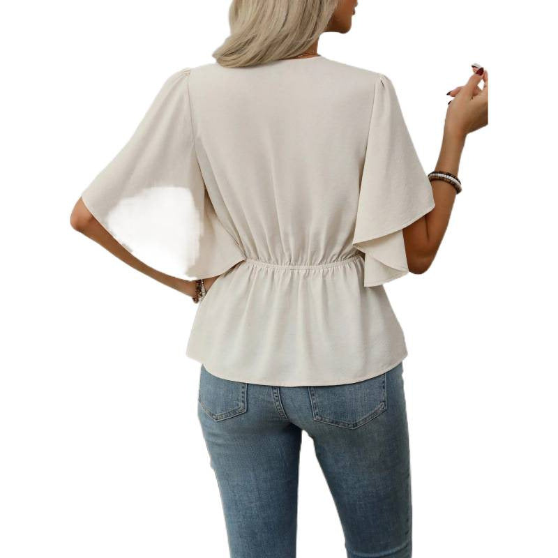 Damen Bluse mit fließenden Ärmeln und V-Ausschnitt EB