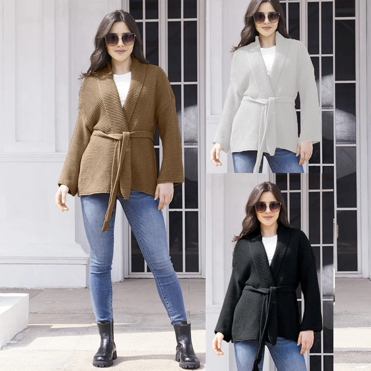 Damen Grobstrick-Cardigan mit Gürtel und weitem Schnitt EB