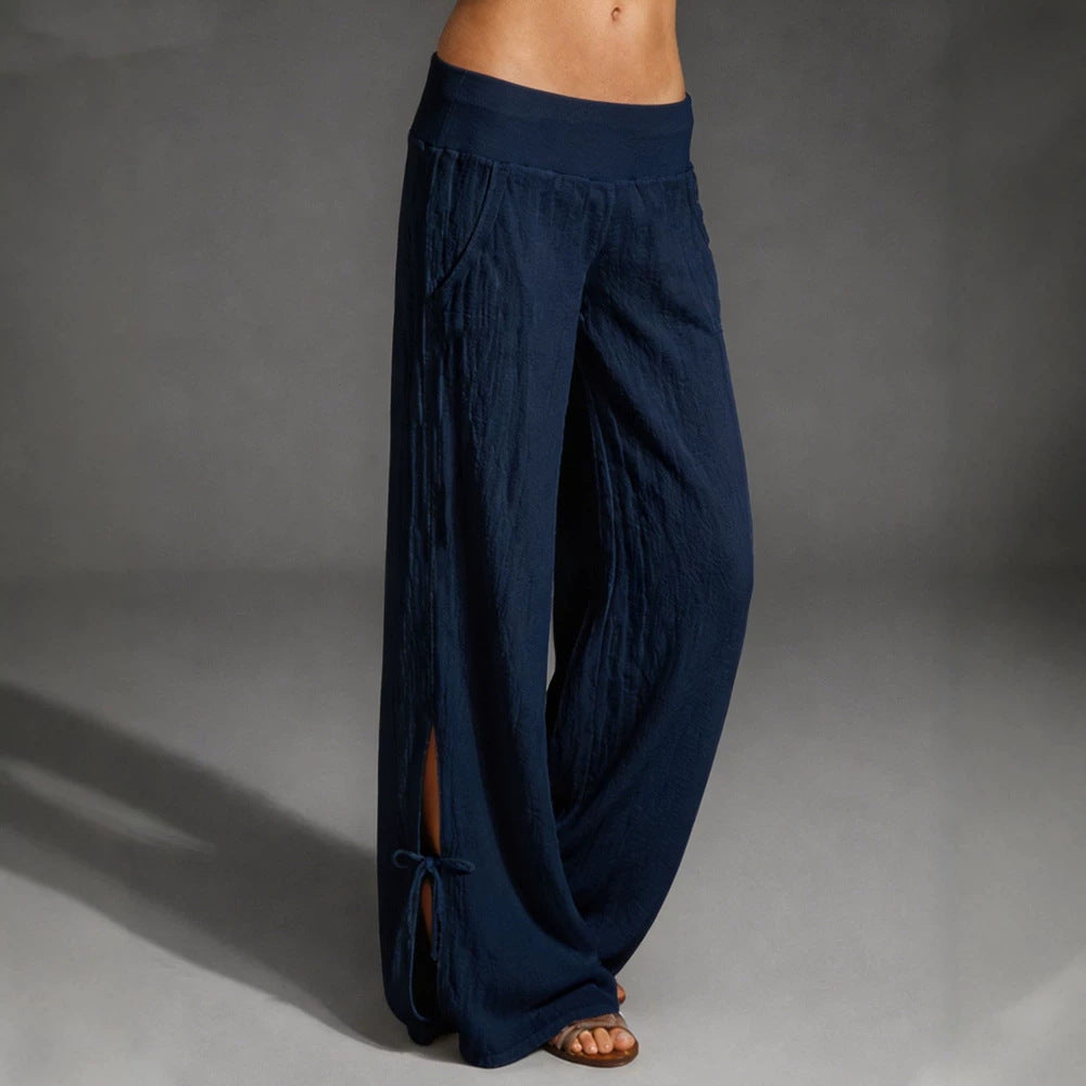Damen Leichte Leinenhose mit weitem Bein und elastischem Bund EB