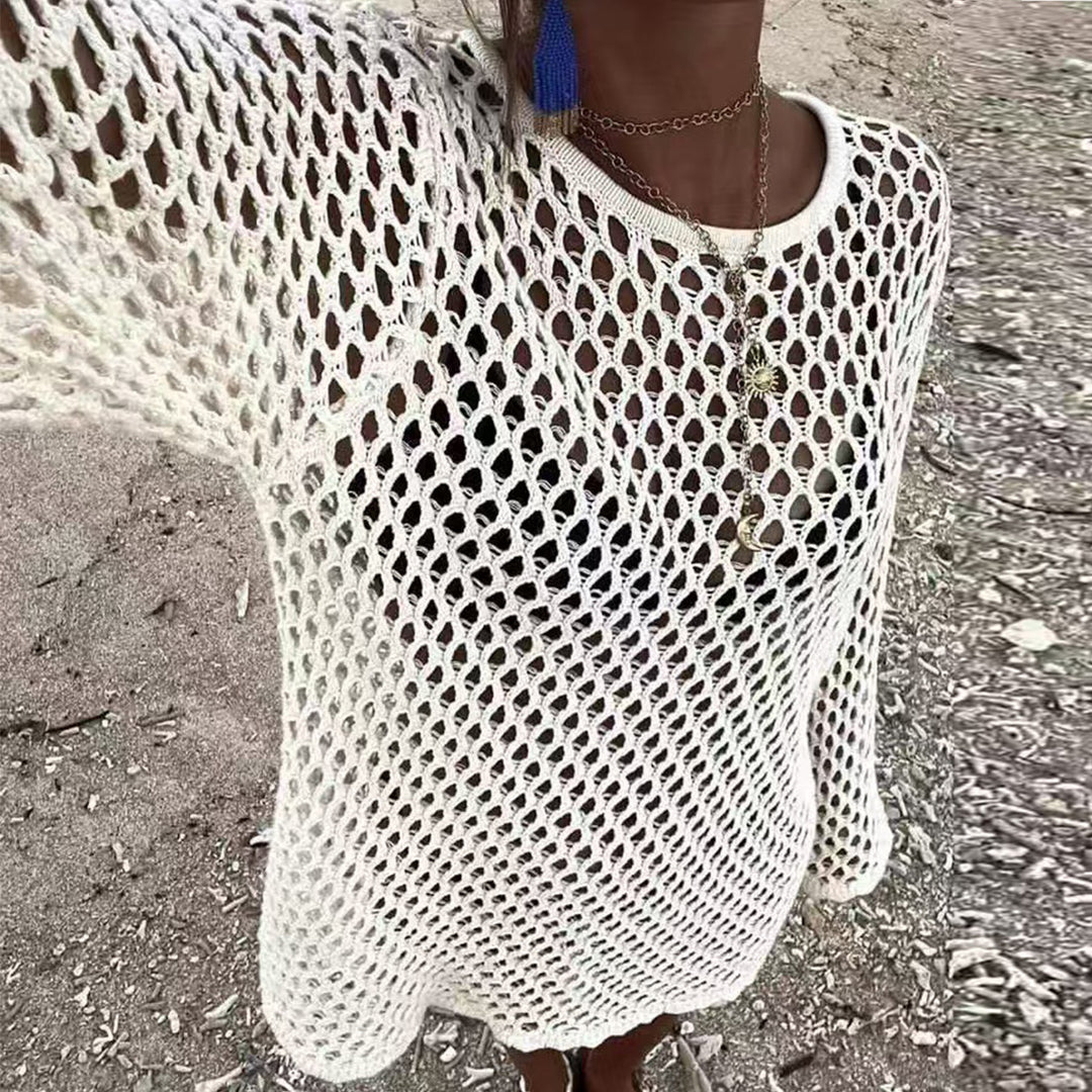 Damen luftiger Häkel-Strandüberwurf mit weiten Ärmeln und asymmetrischem Saum EB