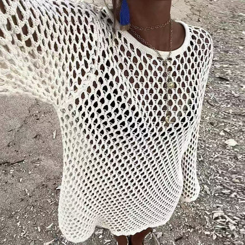 Damen luftiger Häkel-Strandüberwurf mit weiten Ärmeln und asymmetrischem Saum EB