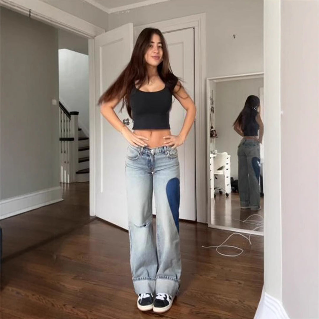 Damen Weit geschnittene Jeans mit modischen Ellbogen-Patch-Details EB