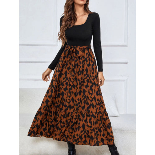 Damen Maxirock mit tierischem Print und fließendem Volantabschluss EB