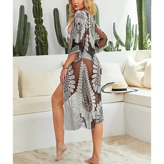 Damen Häkel-Strandüberwurf mit floralen Motiven und lockerem Schnitt EB