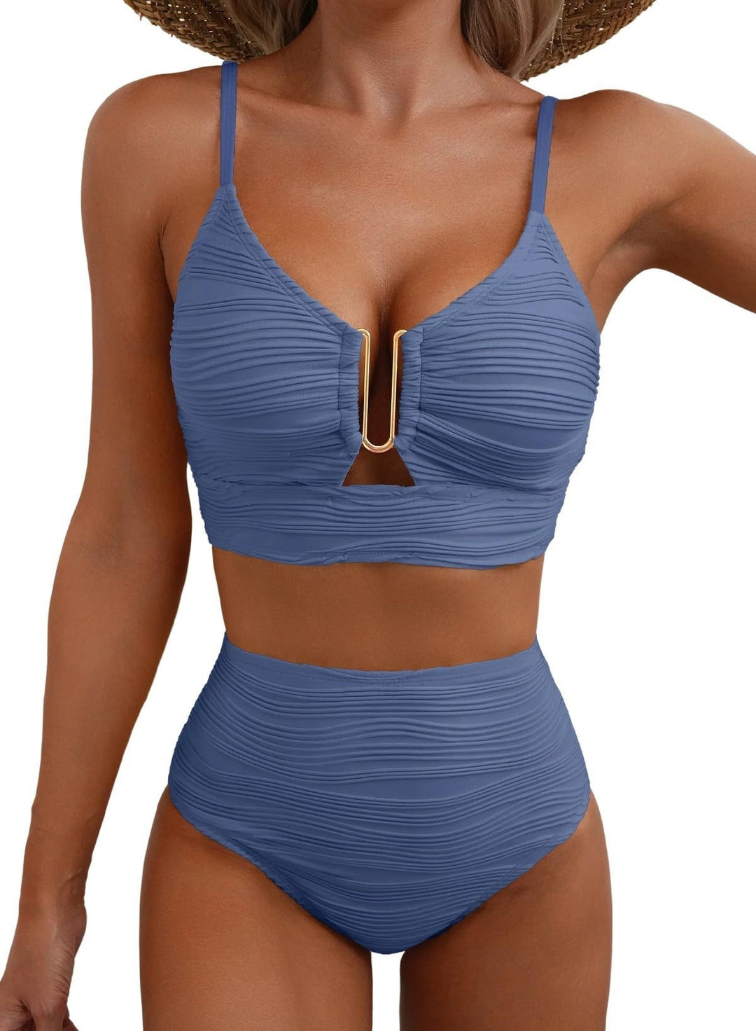 Damen Hochgeschnittener Bikini mit modischem Plissee-Design EB
