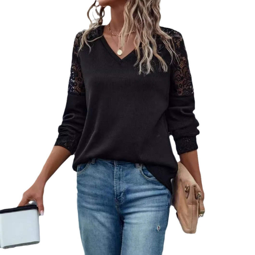 Damen V-Ausschnitt Pullover mit Spitzenärmeln EB