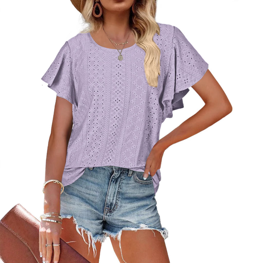 Damen Kurzärmlige Bluse mit Rüschendetails und Lochmuster EB