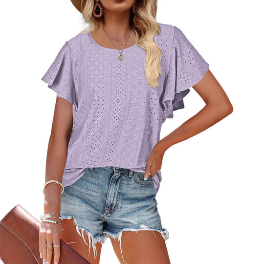 Damen Kurzärmlige Bluse mit Rüschendetails und Lochmuster EB
