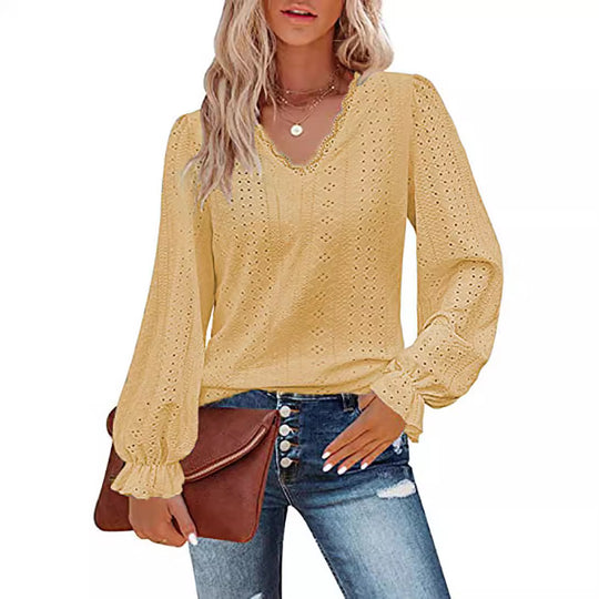 Damen lässige Bluse mit romantischem Spitzenmuster EB