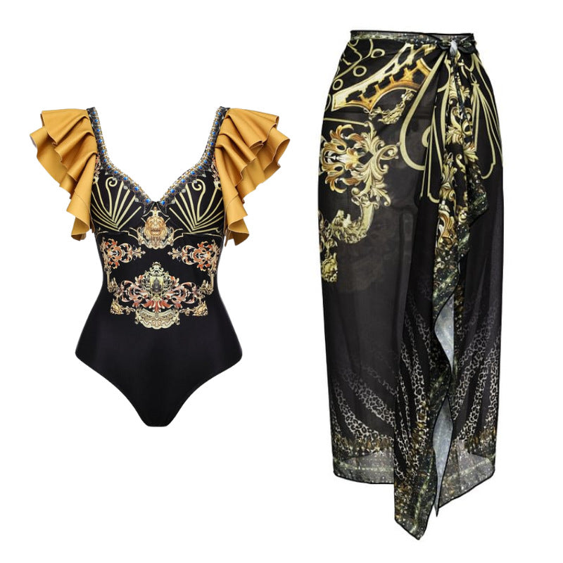 Damen Einteiler Badeanzug mit elegantem Design und passendem Wickeltuch EB