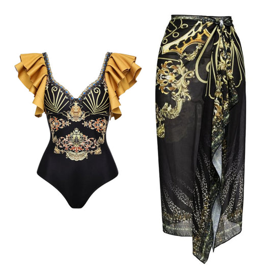 Damen Einteiler Badeanzug mit elegantem Design und passendem Wickeltuch EB