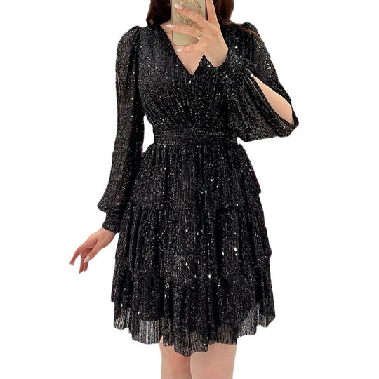 Damen festliches Mini-Kleid mit funkelnden Pailletten und voluminösen Ärmeln EB
