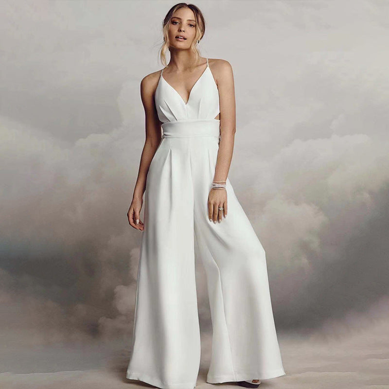 Damen Jumpsuit mit Elegantem V-Ausschnitt und Fließendem Bein EB