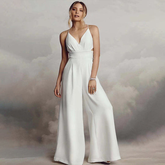 Damen Jumpsuit mit Elegantem V-Ausschnitt und Fließendem Bein EB