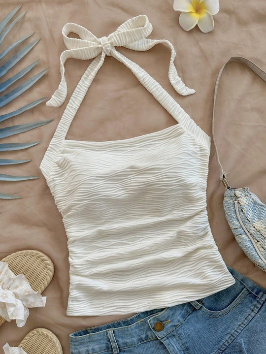Damen Trägershirt mit dekorativem Knoten und wellenförmigem Design EB