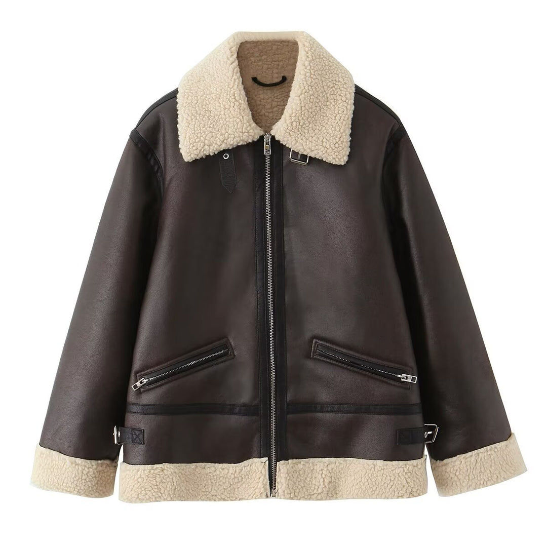 Damen Kunstlederjacke mit warmem Sherpa-Futter und praktischen Reißverschlusstaschen EB