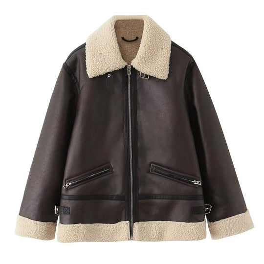 Damen Kunstlederjacke mit warmem Sherpa-Futter und praktischen Reißverschlusstaschen EB