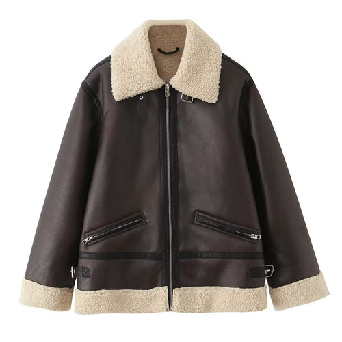 Damen Kunstlederjacke mit warmem Sherpa-Futter und praktischen Reißverschlusstaschen EB