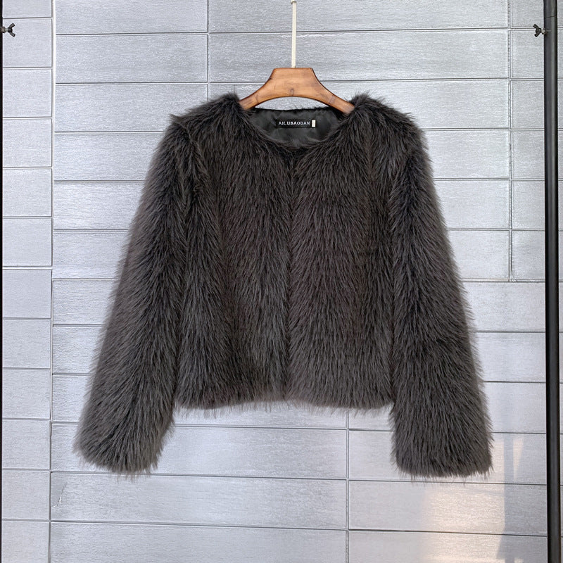 Damen Flauschige Kurzjacke aus hochwertigem Kunstfell mit eleganten Ärmeln EB