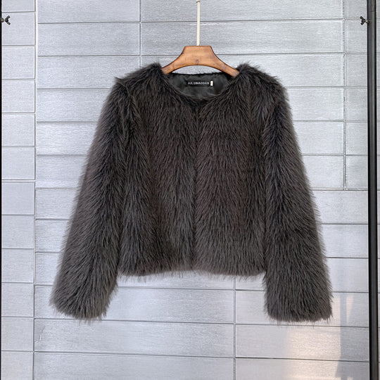 Damen Flauschige Kurzjacke aus hochwertigem Kunstfell mit eleganten Ärmeln EB