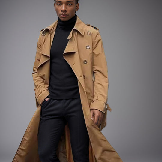 Herren eleganter Trenchcoat mit taillierbarem Gürtel und klassischen Details EB