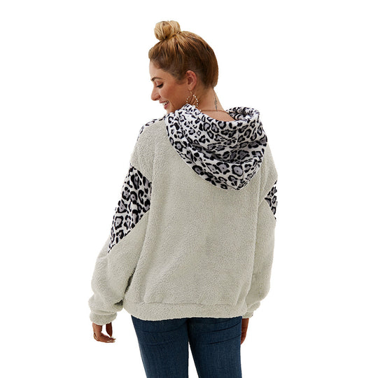 Damen Gemütlicher Teddy-Pullover mit Kapuze und Leopardenmuster EB