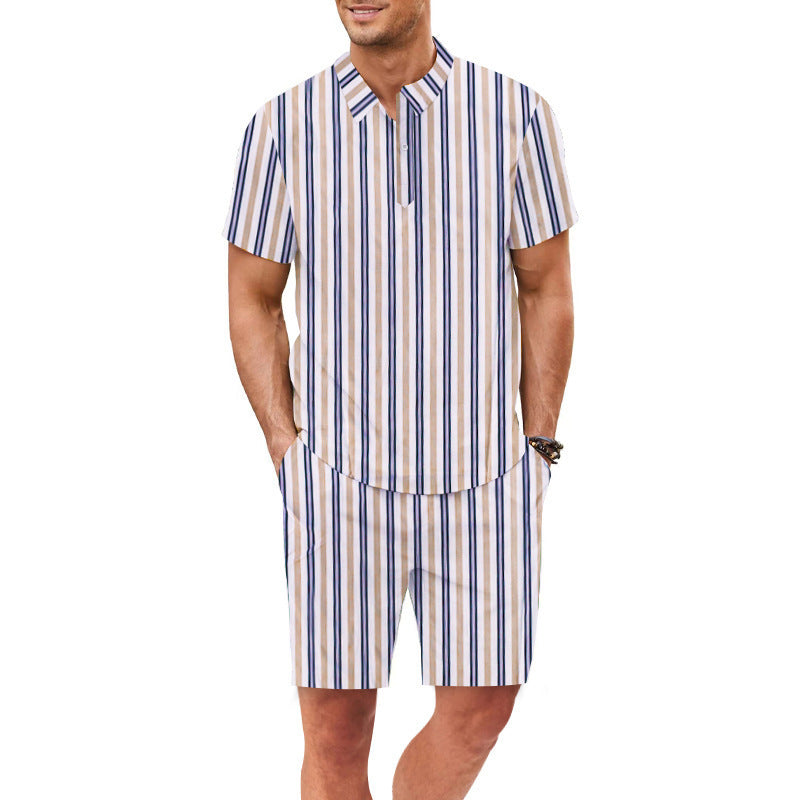 Herren Set aus kurzärmeliger Bluse und Shorts mit gestreiftem Design Heidi-Mode