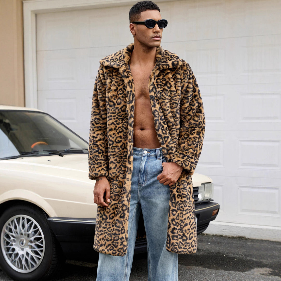 Herren Luxus Kunstpelzmantel mit Leopardenmuster EB