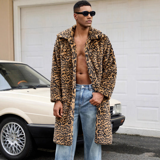 Herren Luxus Kunstpelzmantel mit Leopardenmuster EB