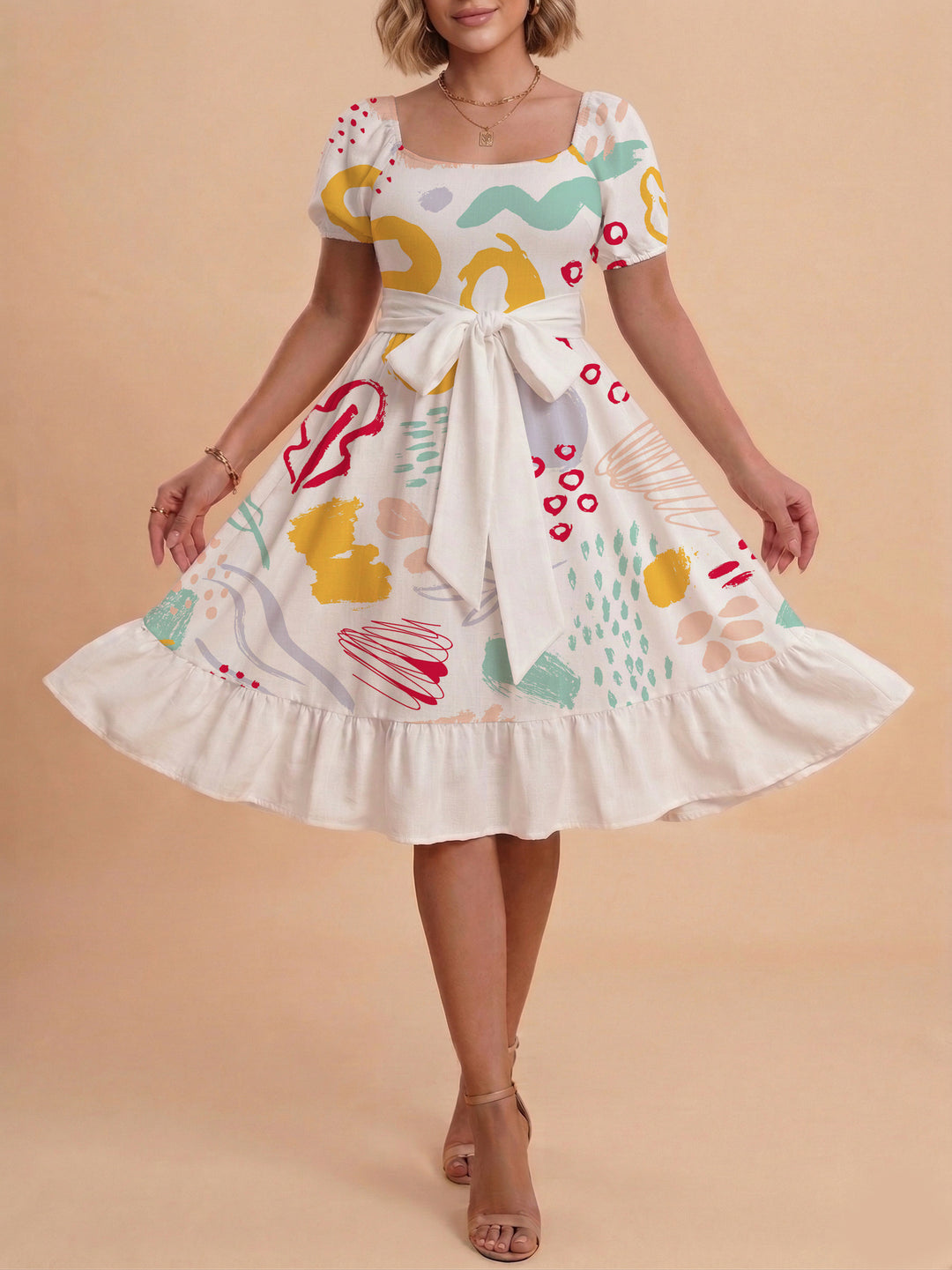 Damen Sommerkleid mit floralem Puffärmel und taillierbarem Gürtel EB