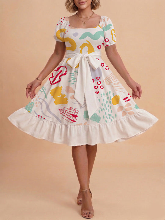 Damen Sommerkleid mit floralem Puffärmel und taillierbarem Gürtel EB