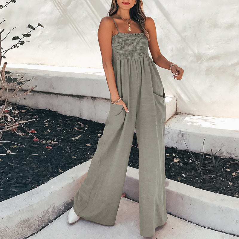 Damen Weit geschnittener Jumpsuit mit elastischem Oberteil und praktischen Taschen EB