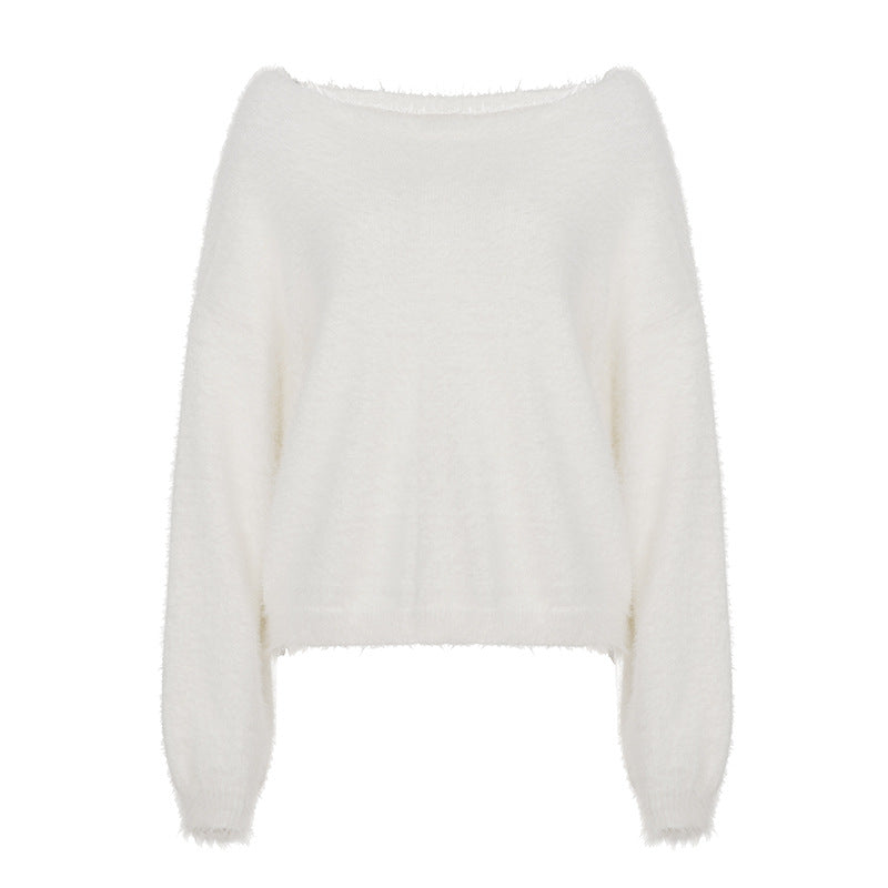 Damen nan oversized flauschiger Mohair-Blend Off-Shoulder Pullover mit Balloon-Ärmeln EB