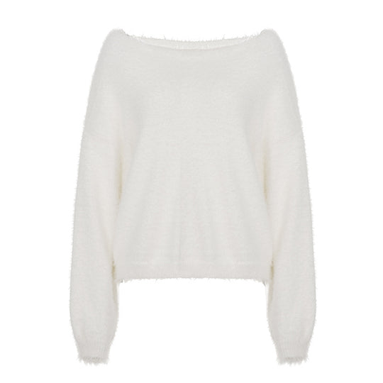Damen nan oversized flauschiger Mohair-Blend Off-Shoulder Pullover mit Balloon-Ärmeln EB