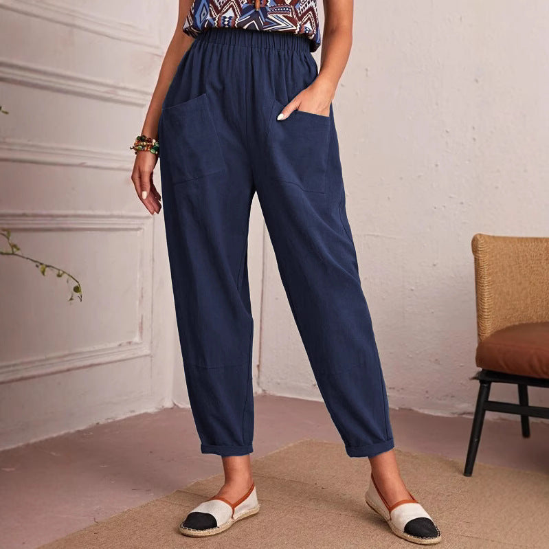 Damen lockere Komfort-Hose mit elastischem Bund und großen Taschen EB