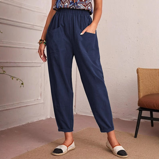 Damen lockere Komfort-Hose mit elastischem Bund und großen Taschen EB