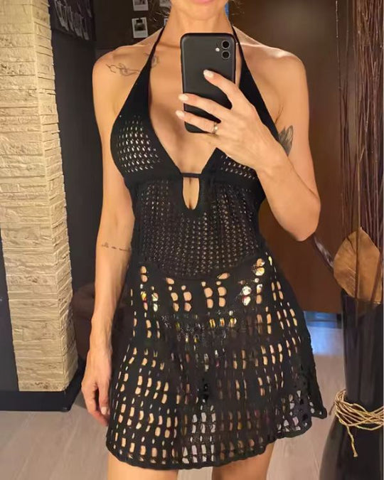 Damen Kurzes Häkelkleid mit tiefem V-Ausschnitt EB