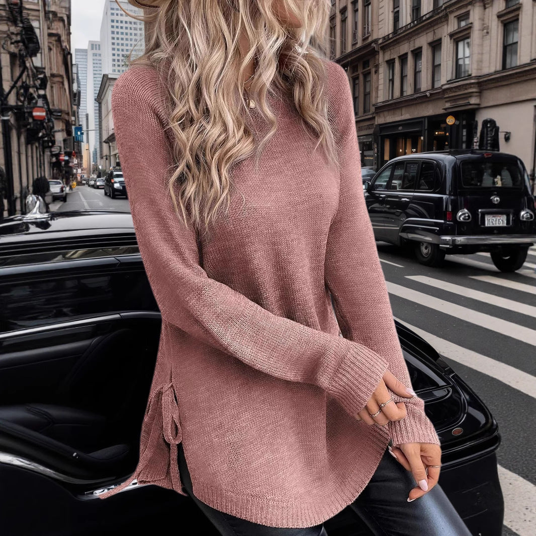 Damen lässiger Pullover mit seitlichen Bindebändern EB